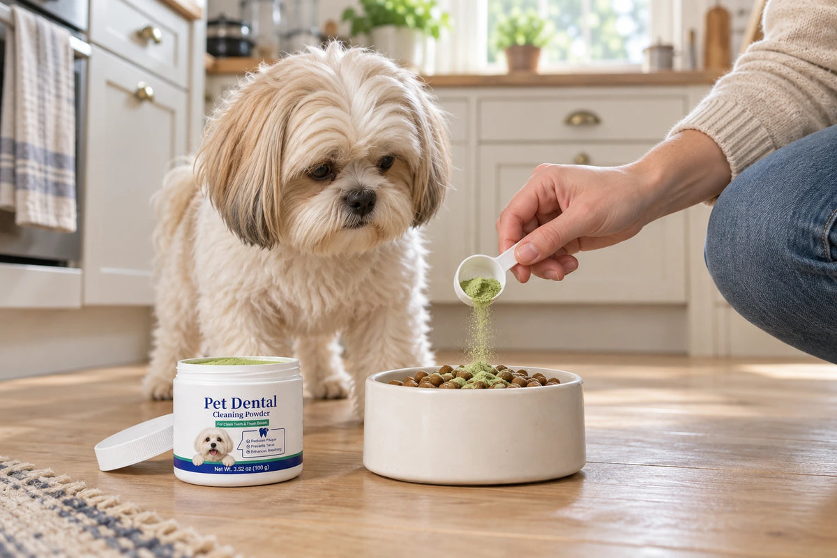 Adding DentalPets daily dental powder to a dog's dinner