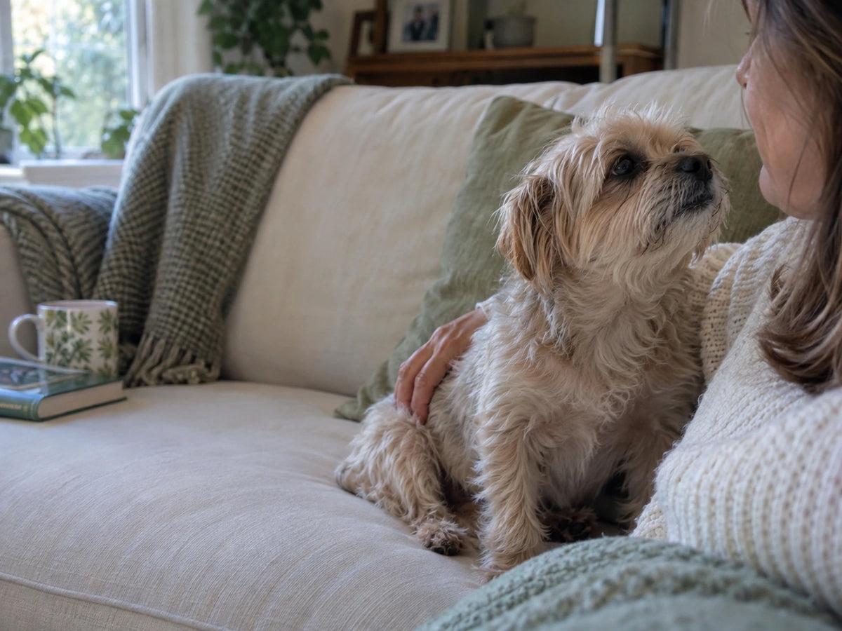 A small older dog leaning in towards her owner on the sofa
