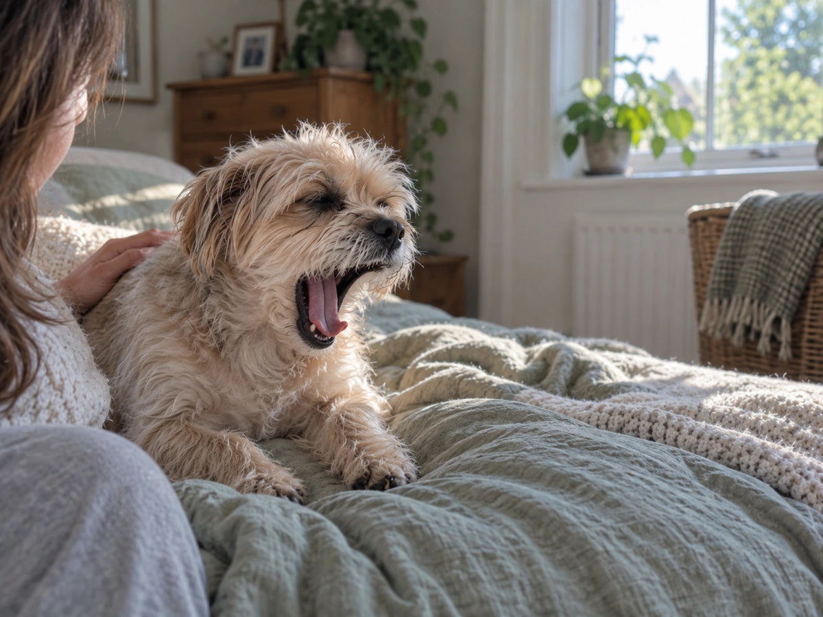 Morning: a small dog yawning on the sofa beside her owner