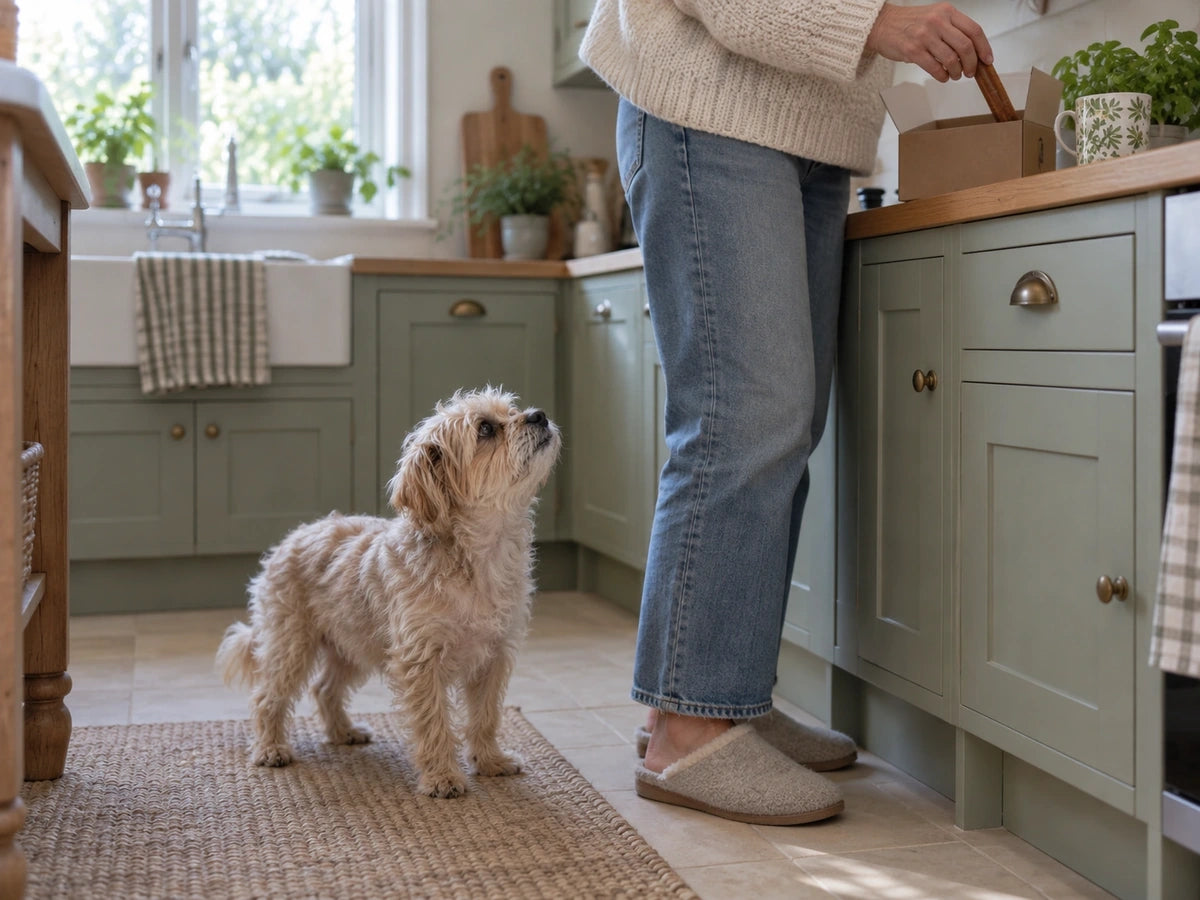 Midday: the same dog with a dental stick in the kitchen