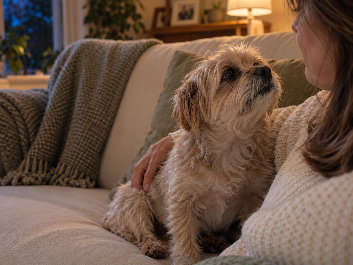 Evening: the same dog on the sofa, her owner turning slightly away