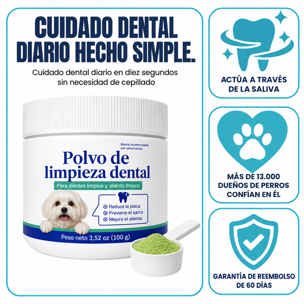 DentalPets – Polvo diario para perros: dientes limpios y aliento fresco