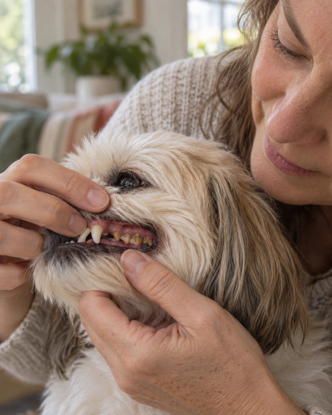 An owner gently lifting a dog's lip to check the back teeth