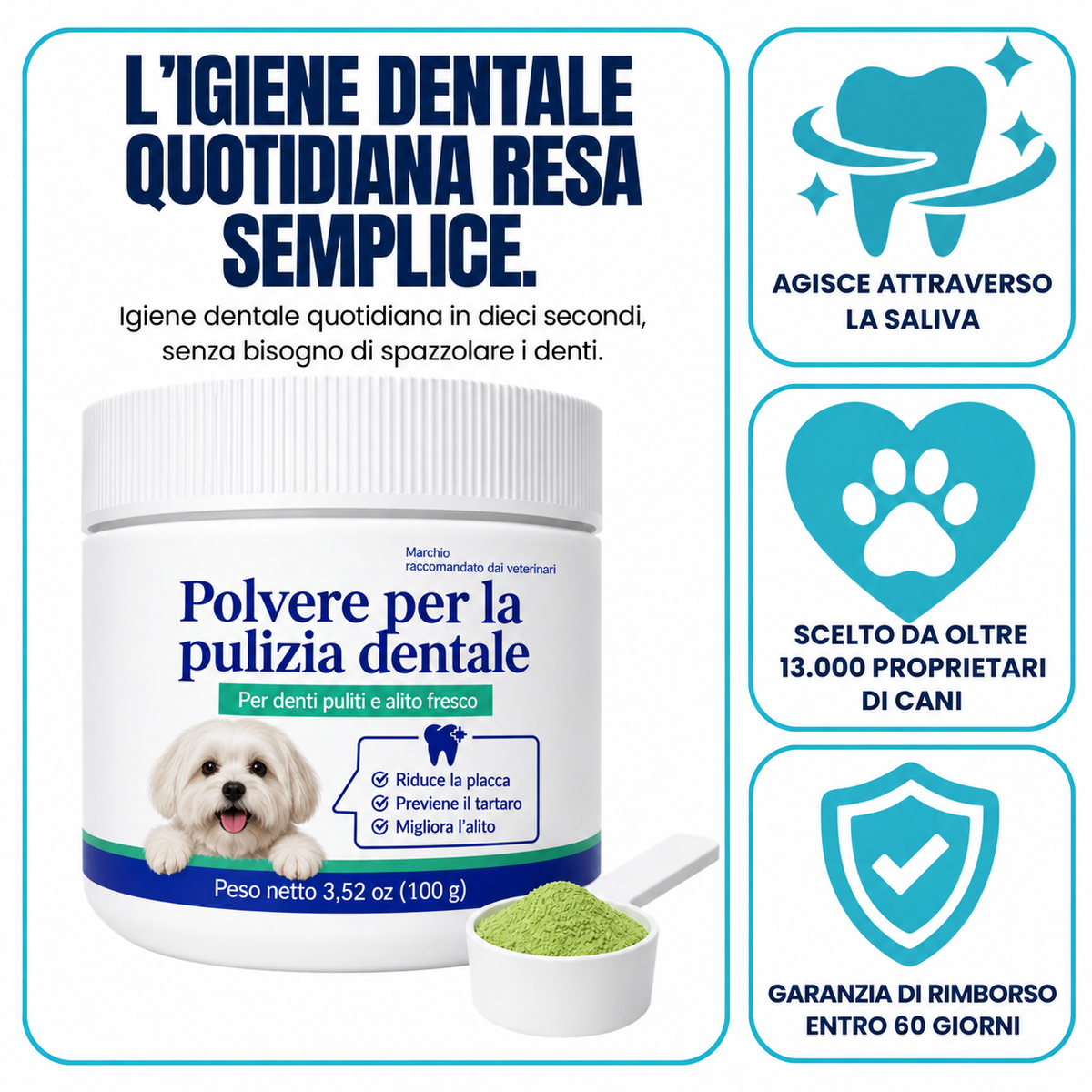 DentalPets – Polvo diario para perros: dientes limpios y aliento fresco \ italia
